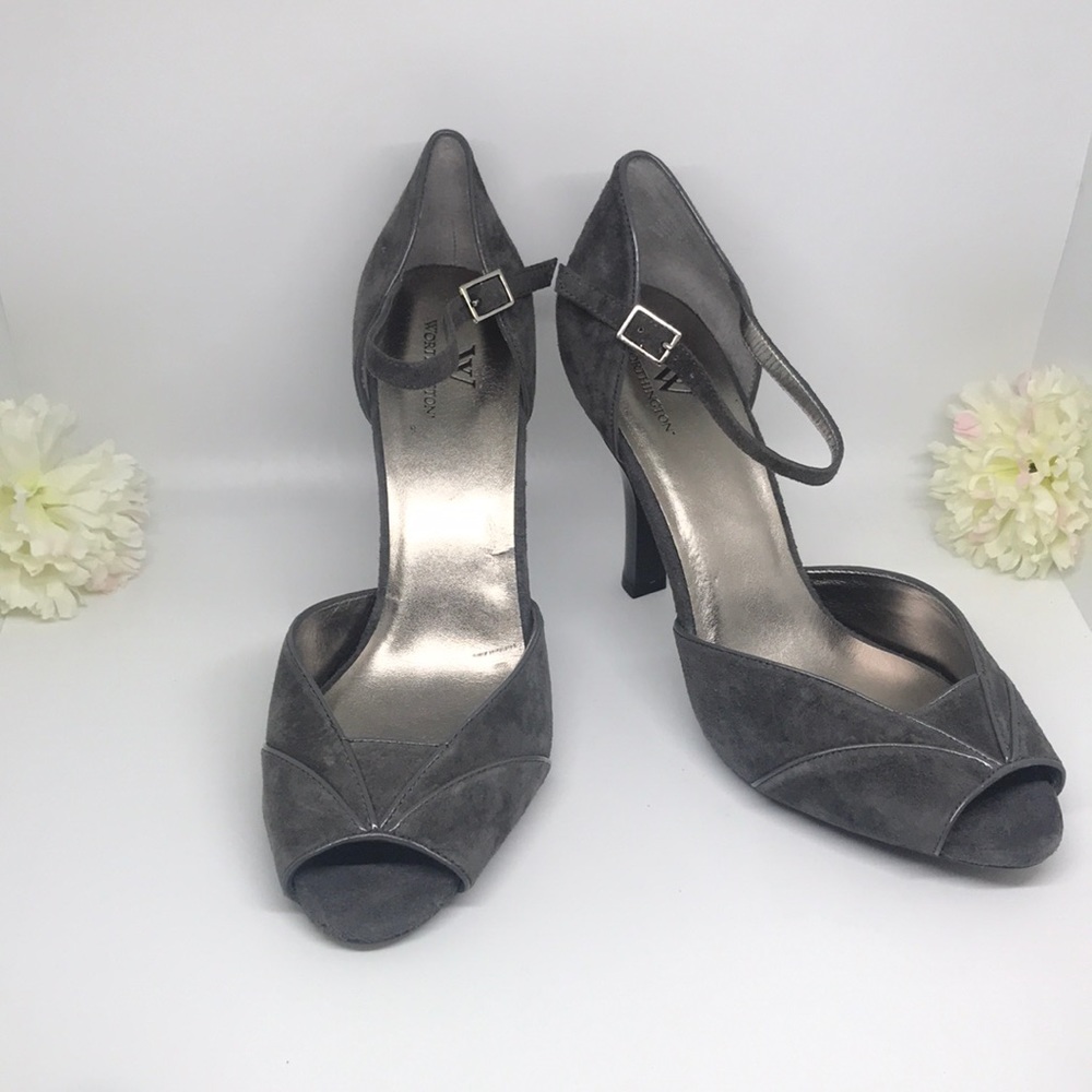 Worthington Grey suede leather peep toe heels